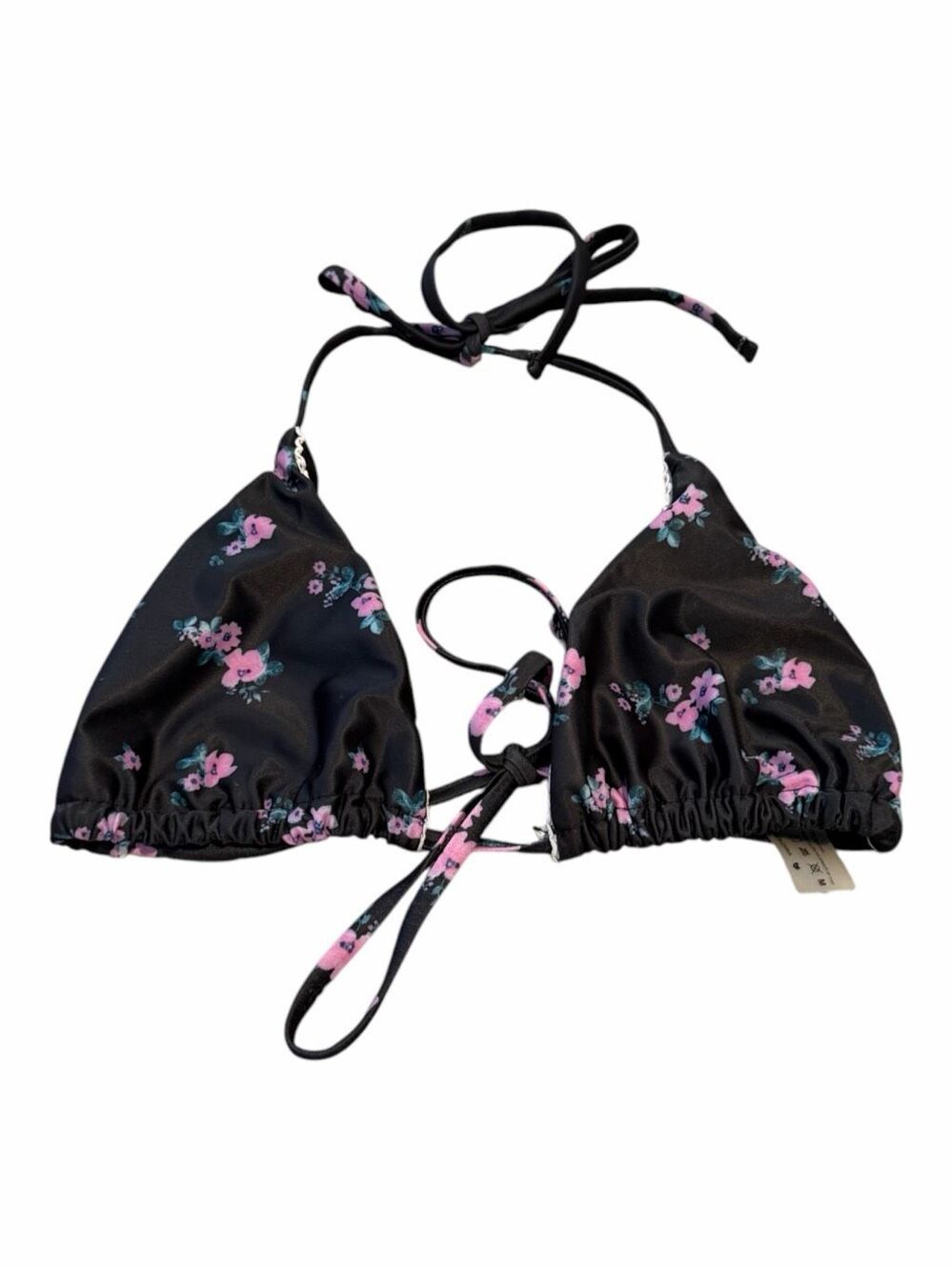 No Boundaries Women’s Floral Triangle String Bikini Top Black Pink Blue Medium